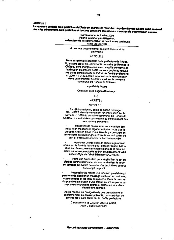 Arr�t� pr�fectoral concernant la r�inhumation du corps de l'abb� Sauni�re